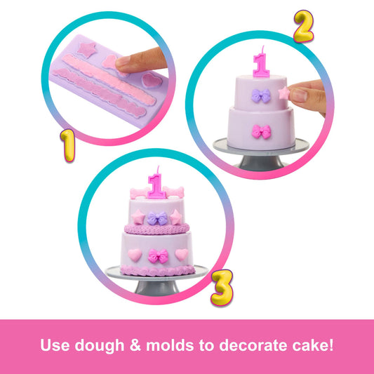 Barbie Party Unboxed Doll with birthday bows, pet accessories, and cake-decorating activity in colorful packaging.