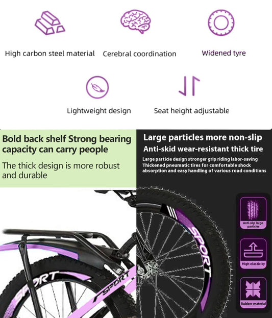 Purple Girls Mountain Bike - 24 Inch, Height Adjustable, Double Brake, Tool Kit Included for 6 to 12 Year Old Girls