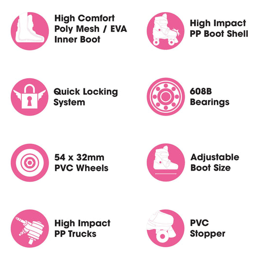 Pink Xootz kids' quad roller skates for girls, adjustable beginner roller skates with pink and white accents.
