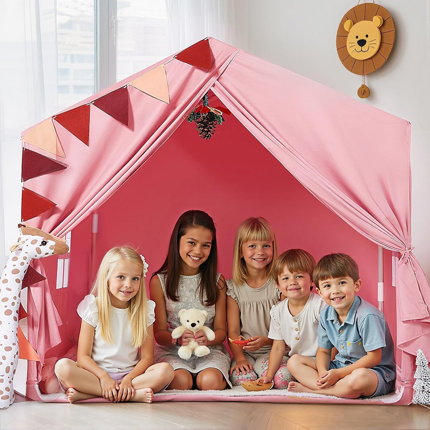 Pink kids play tent by Wilwolfer with window, ideal for indoor and outdoor play, perfect for children’s toy playroom or outdoor fun.