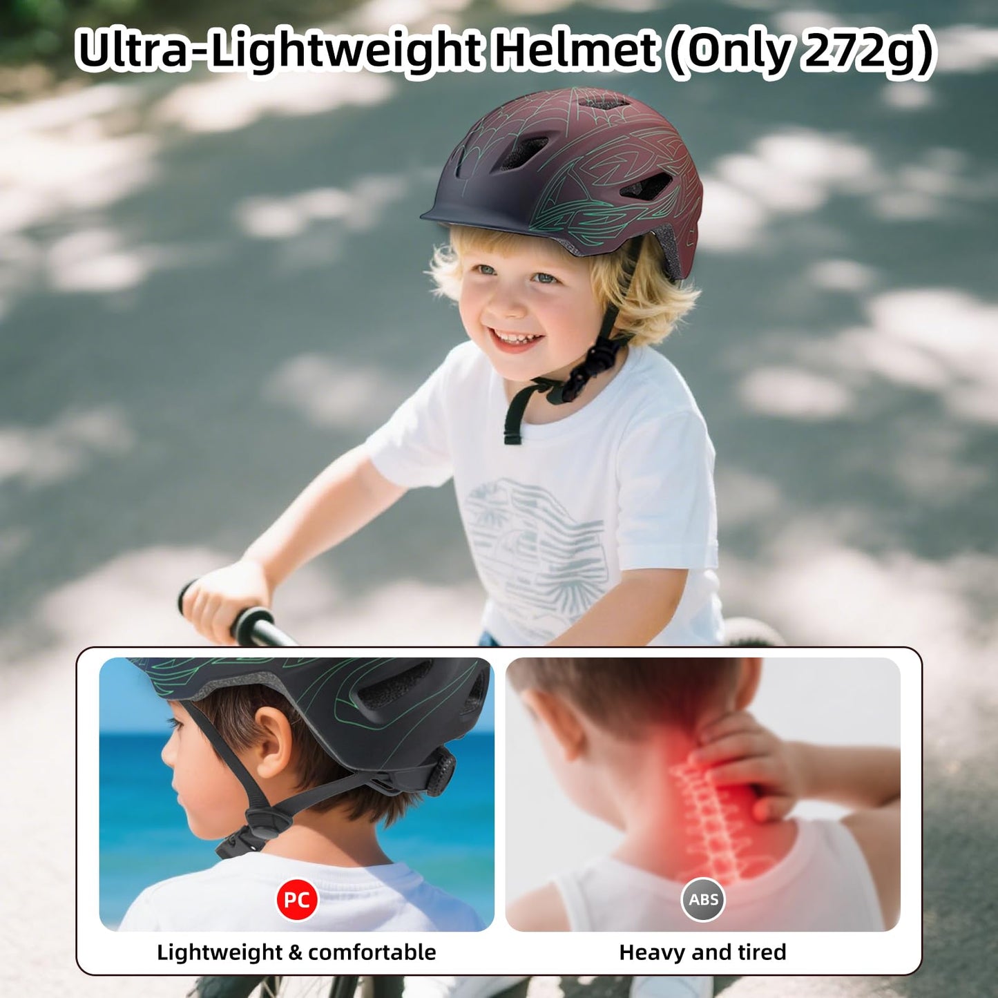Kids Bike Helmet, Toddler Helmet with Peak Age 3-13, Lightweight PC Shell Boys Girls Adjustable Bike Helmet, Multi-Sport Cycle Scooter Skateboard Skate Protective Helmet 49-58cm (Rosewood)