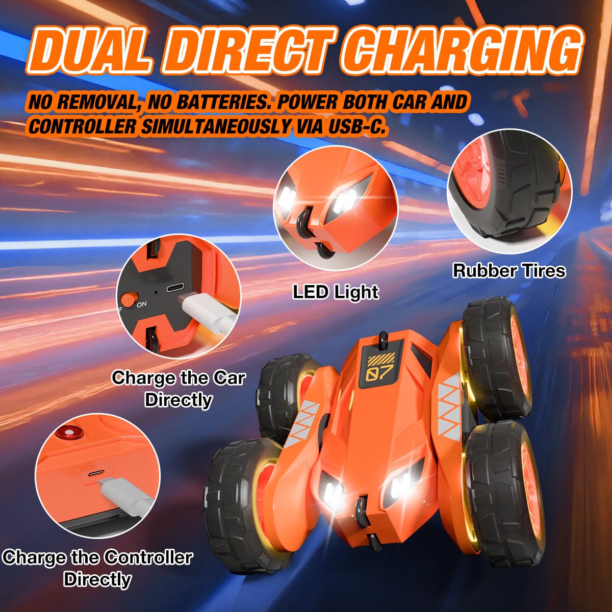 Dual Direct Charging Remote Control Cars with LED Light,High Speed 2.4Ghz 4WD Rc Stunt Car,Indoor and Outdoor 360° Rotates 180°Flips Electric Vehicle Toys Gifts for 3-12 Year Old Boys Girls Kids