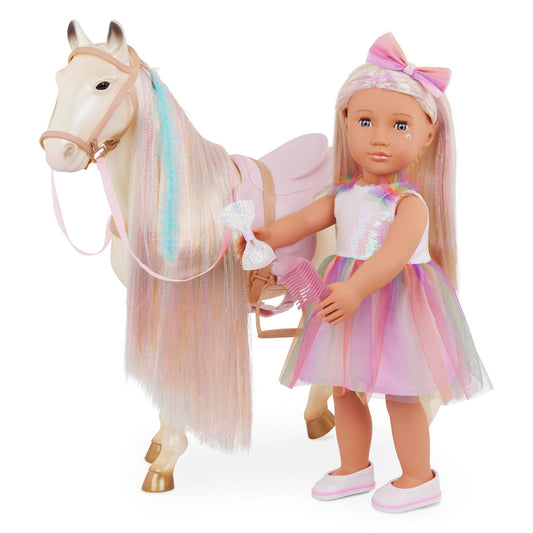 Our Generation Enchanting Horse - 50cm Toy Horse with Ultra-Long Rainbow Hair, Rainbow Hair Horse for 18-inch Dolls, Brushable Hair, Styling Accessories, Toy Horse for Fashion Dolls, Ages 3+