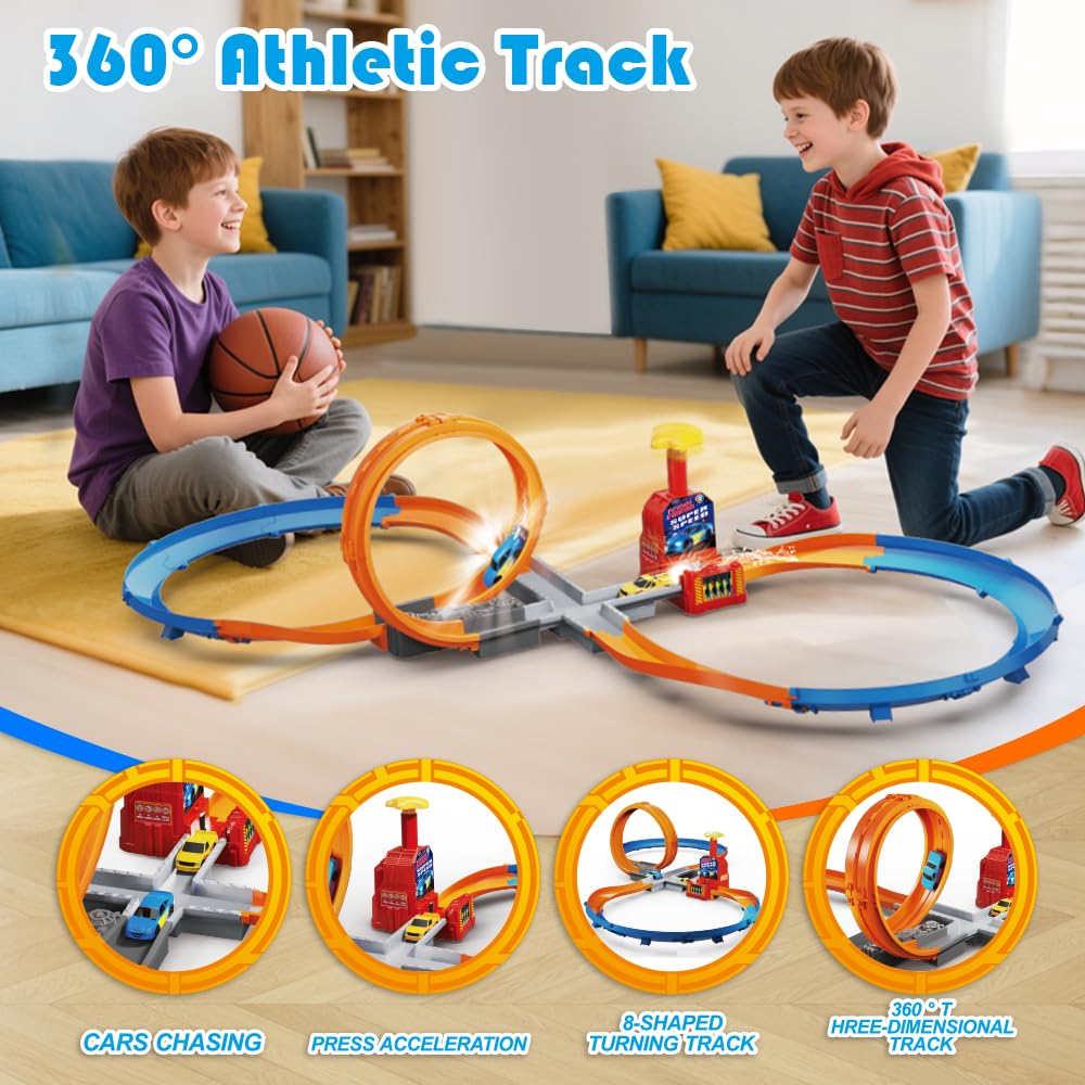 VATOS Slot Car Racing Track Set for 5-7 Years Boys - Manual Acceleration Kids Slot Machine Racing Track with 360 Degree Track,Diy Catapult Roller Coaster 3 4 5 6 7 8 9 10 Boys Girls