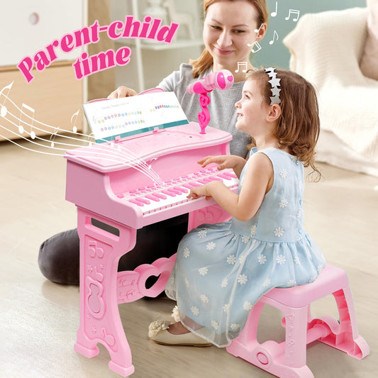 NUKied kids 37-key pink mini piano keyboard with detachable legs, stool, microphone, ideal for toddlers and young music learners.