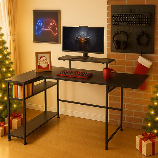 LEVSON L-Shaped Gaming Desk 150×80 cm, Carbon Fibre Computer Table with LED Lights, Power Outlets & USB Ports, Foldable & Extendable Design from 120cm to 150cm, Black Corner Desk for Home Office