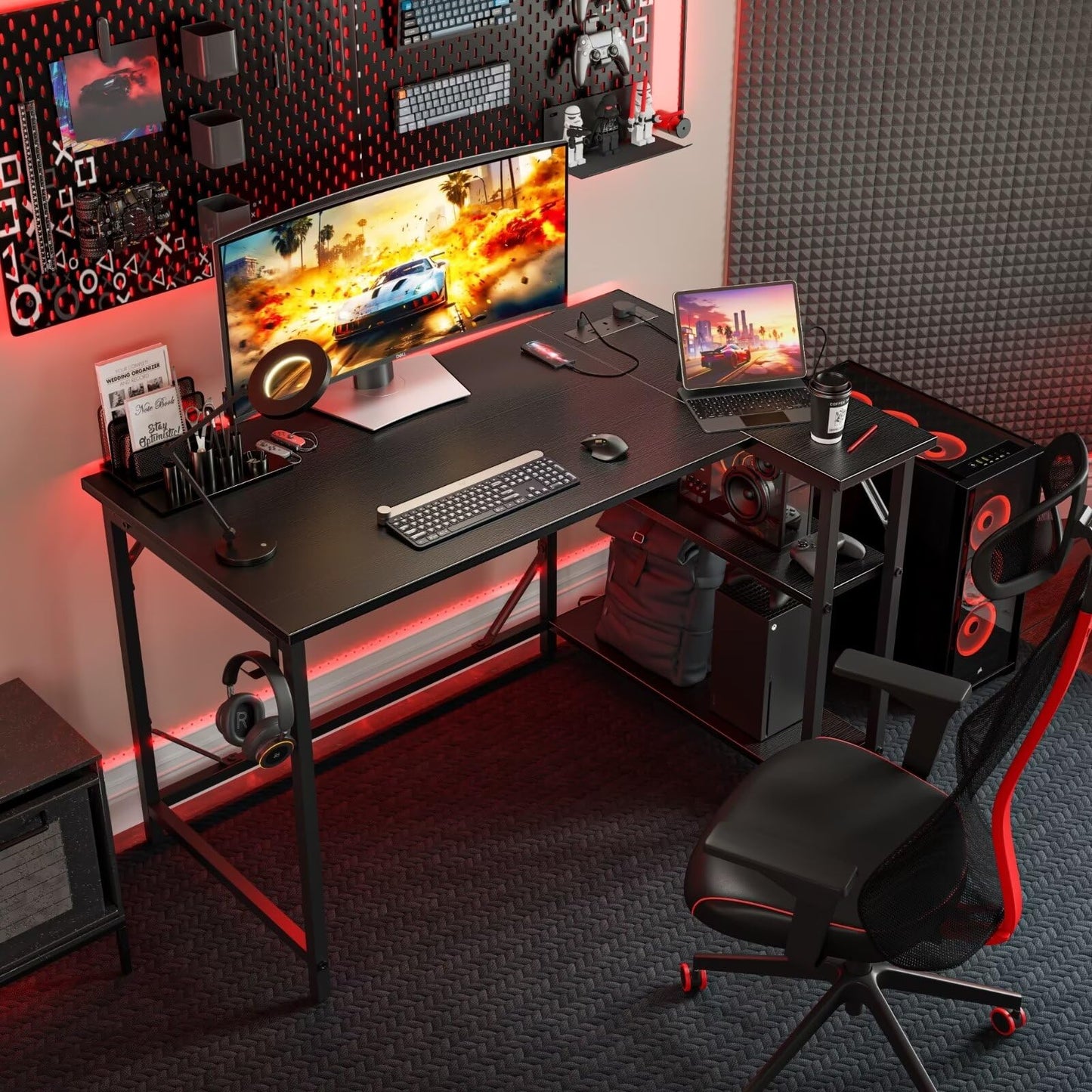 DOMSHOCT L Shaped Gaming Desk with Power Outlets, 100x70cm Small Corner Computer Table with Large Reversible Storage Shelves, Home Office PC Workstation with Hooks for Writing Study, Black