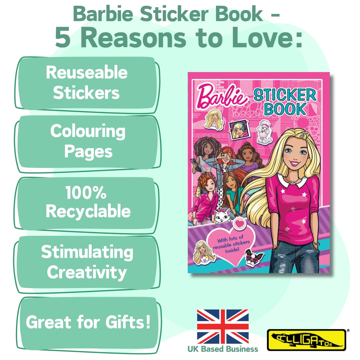 Barbie Alligator sticker book with colorful reusable stickers and activity pages for kids' creative play.