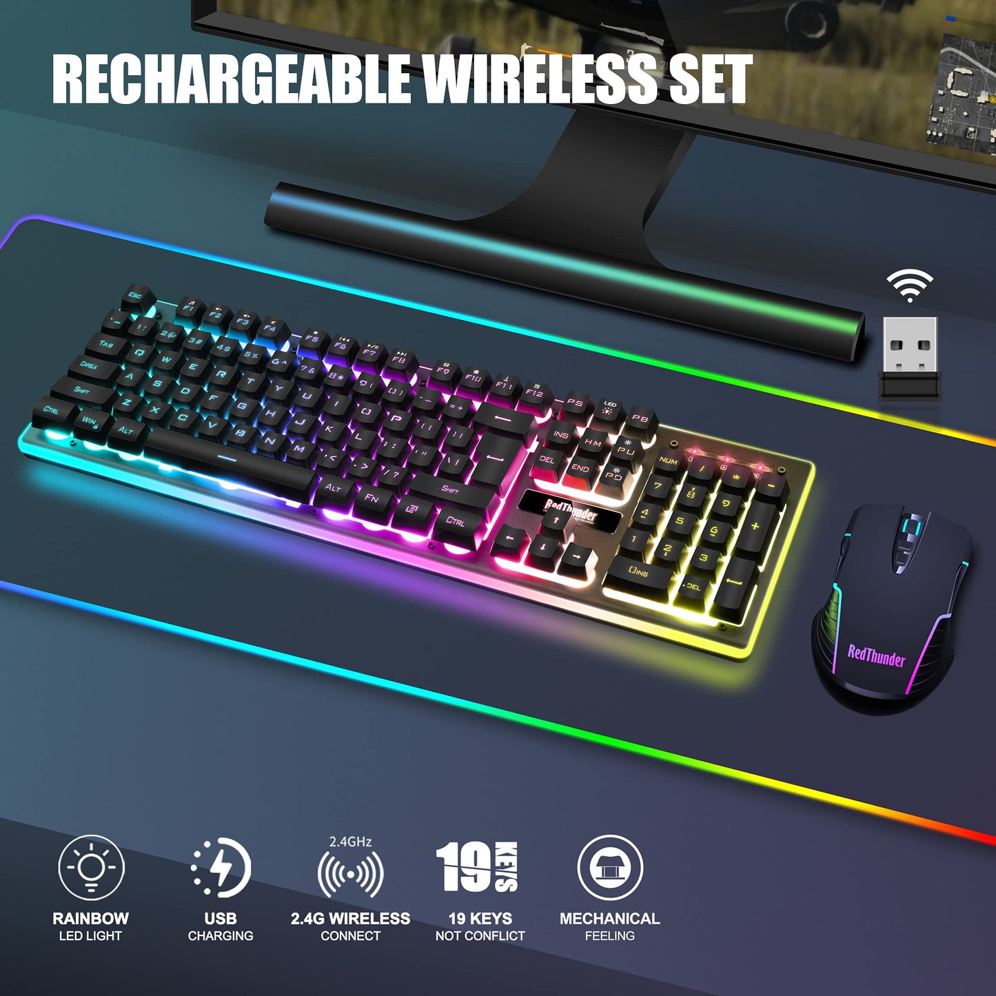 RedThunder K10 Wireless Gaming Keyboard and Mouse Combo, LED Backlit Rechargeable 3800mAh Battery, UK Layout Mechanical Feel Keyboard + 7D 3200DPI Mice for PC Gamer (Black)