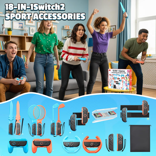 BRHE 18-in-1 Switch sports accessories bundle for Nintendo Switch 2, includes game controllers and party game gear for kids and adults