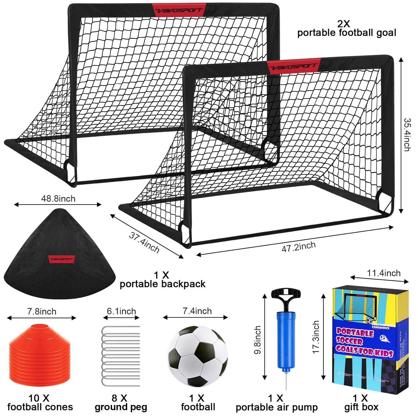 Kids Football Goals for Garden Set – 2 x 4ft x 3ft Portable Football Goals with Size 3 Ball, Pump, Cones & Carry Bag, Pop-Up Kids Football Net, Outdoor Garden Football Training Equipment Boys Gifts