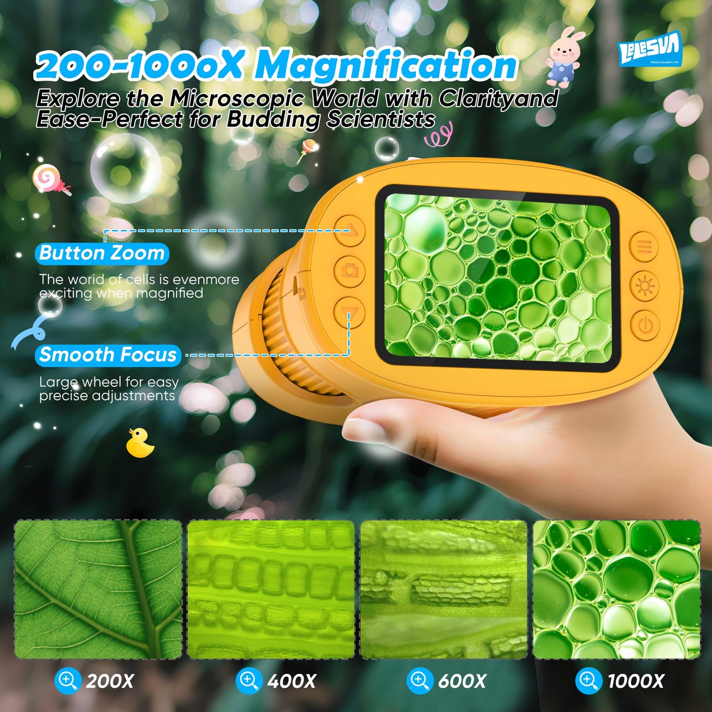 LELESUN 4K kids' handheld microscope with 1000X magnification, portable science toy for children ages 4-12, educational STEM gift