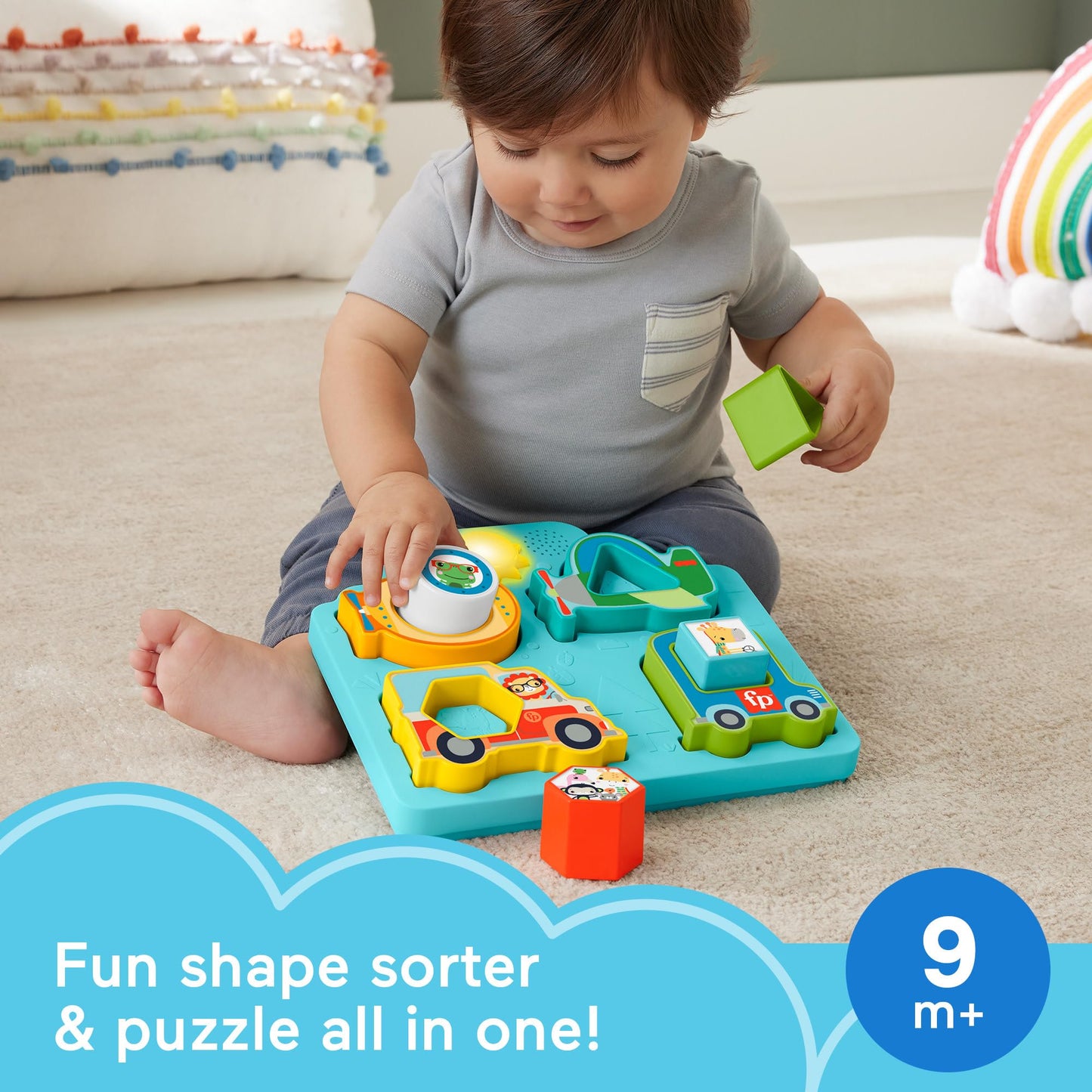 Fisher-Price baby sorting toy with colorful vehicle puzzle, sound, lights, and shape pieces for fine motor skill development.
