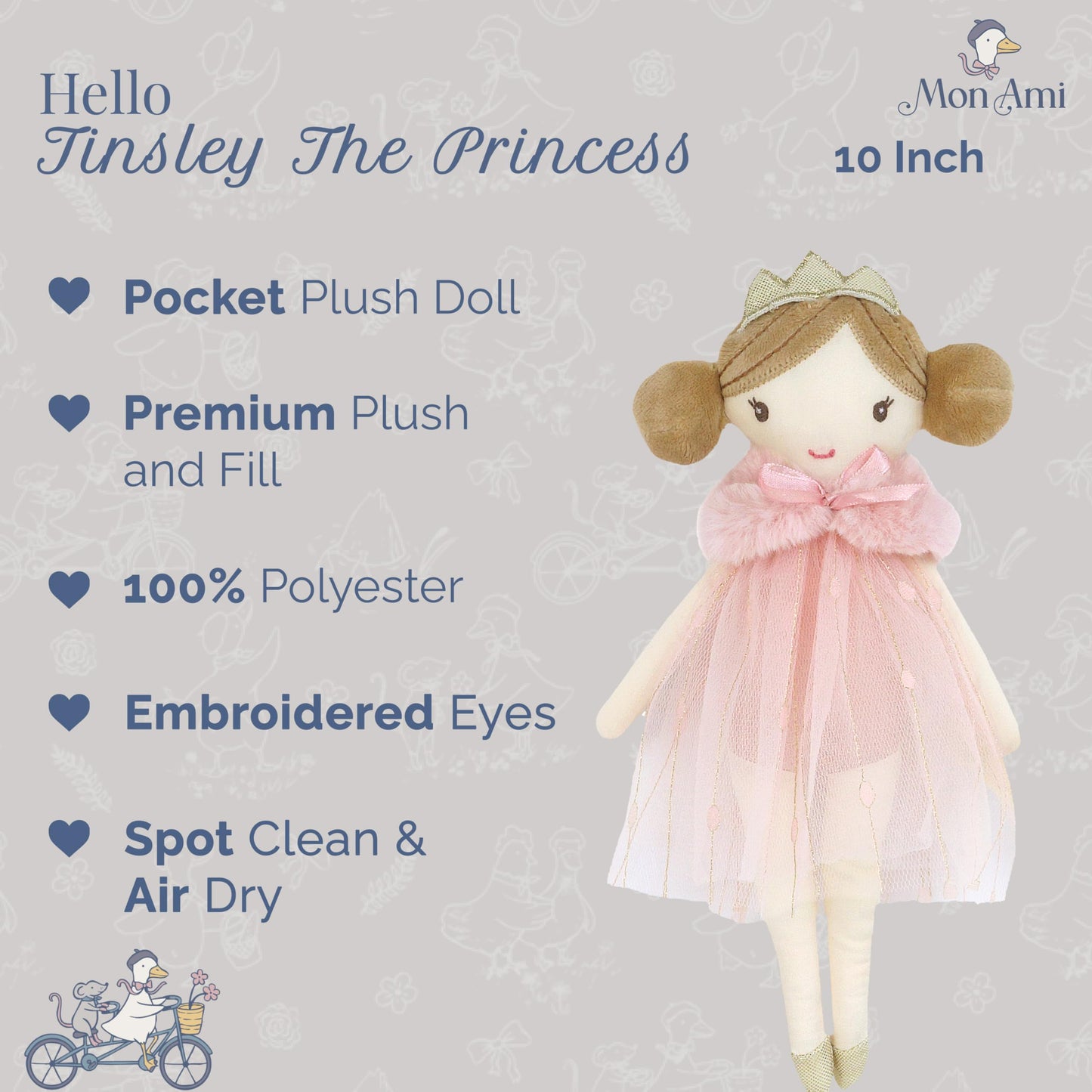 MON AMI Tinsley The Princess Pocket Doll 10"/25 cm | Soft Plushie Toy in Sparkling Dress & Crown | Portable Cuddly Princess Doll for Gifting, Playtime & All Ages