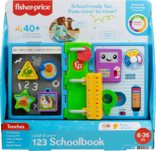 Fisher-Price Laugh & Learn 123 Schoolbook electronic activity toy with lights, music, and colorful buttons for infants and toddlers.