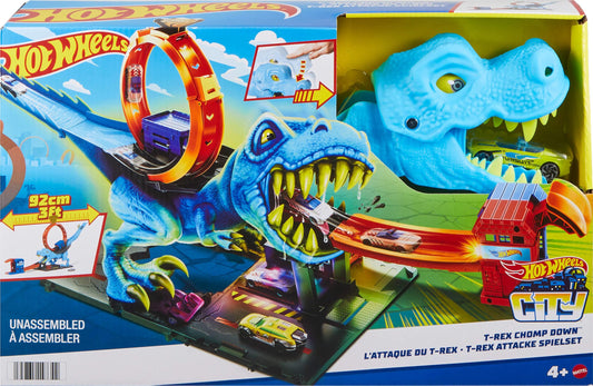 Hot Wheels City Racetrack featuring T-Rex chomp down loop with toy car, designed for kids ages 4 and up.