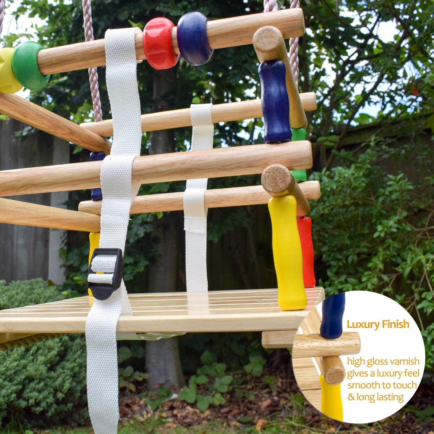 Hardwood Baby Swing Seat (Beech) with Safety Harness and Play Beads Lovely Cradle Swing for Garden or Nursery