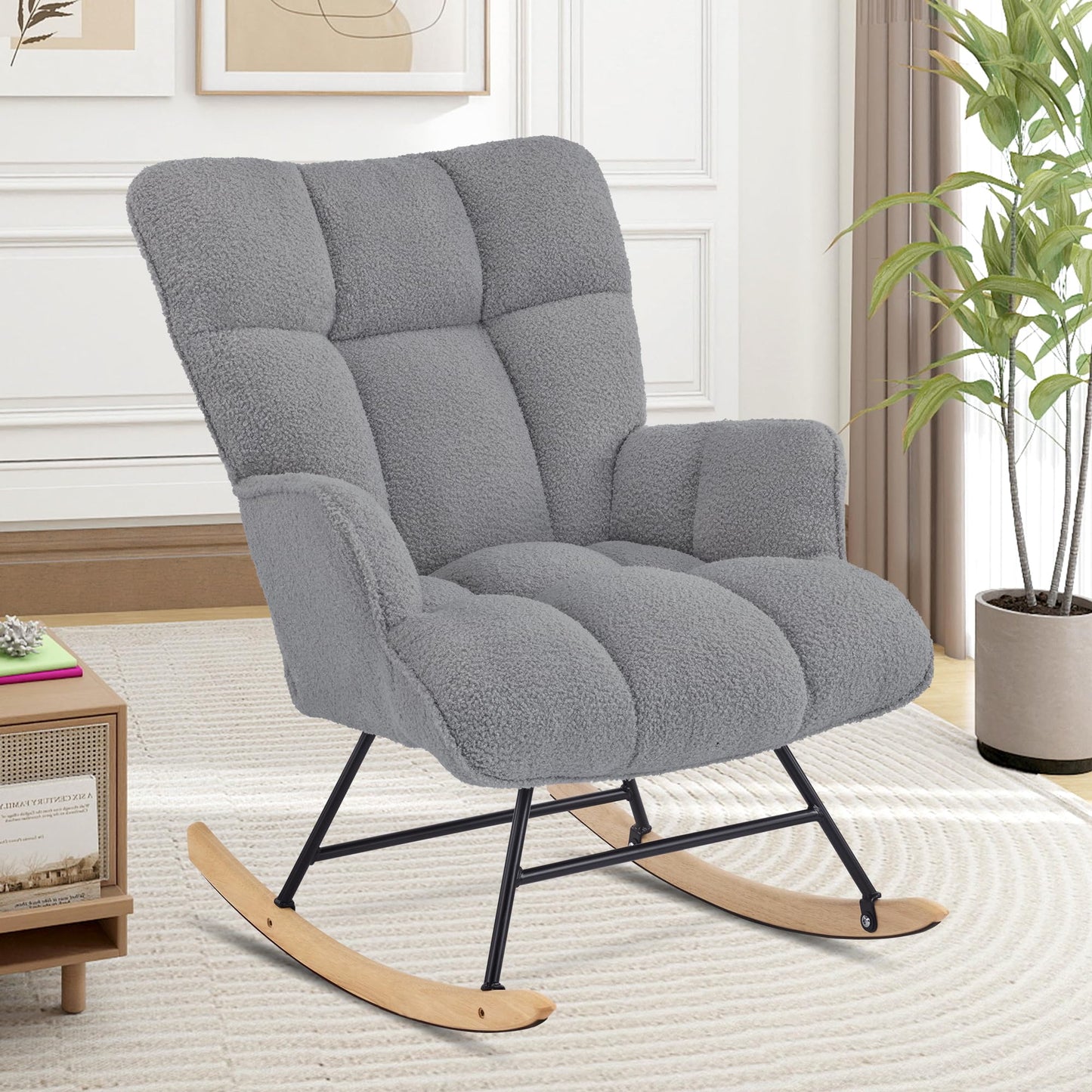 Aunekiv Rocking Chair for Nursery, Teddy Upholstered Glider Nursing Chair for Adults, Comfy Rocking Armchair Indoor for Living Room Bedroom, Darkgrey