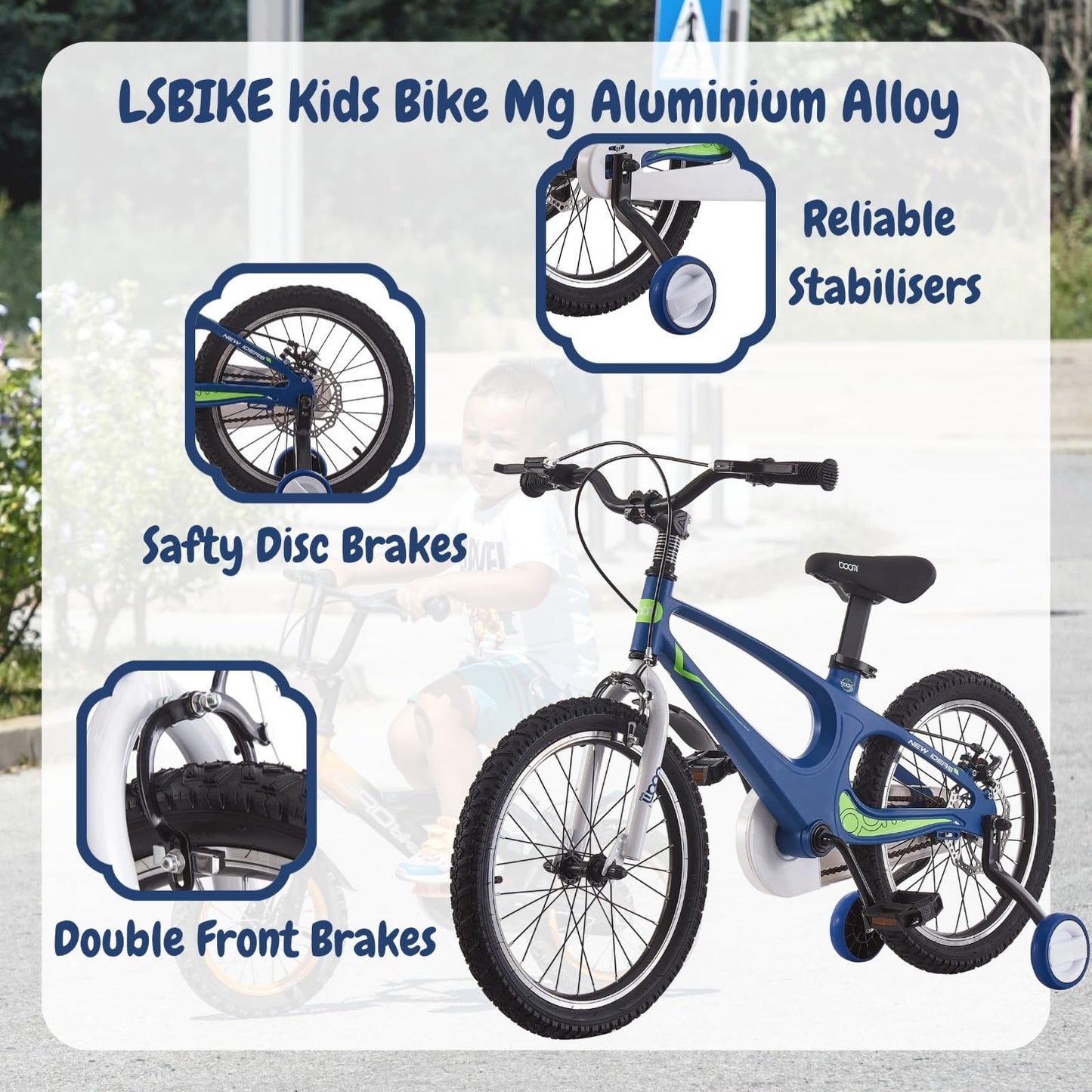 LSBIKE Kids Bike 14 16 18 Inch Magnesium Alloy Boys Girls Children Bicycle with Stabilizers Ages 2-9 Years Blue Pink Bicycle Double Brakes Training Wheel Freestyle Children Bike (18 inch Blue)