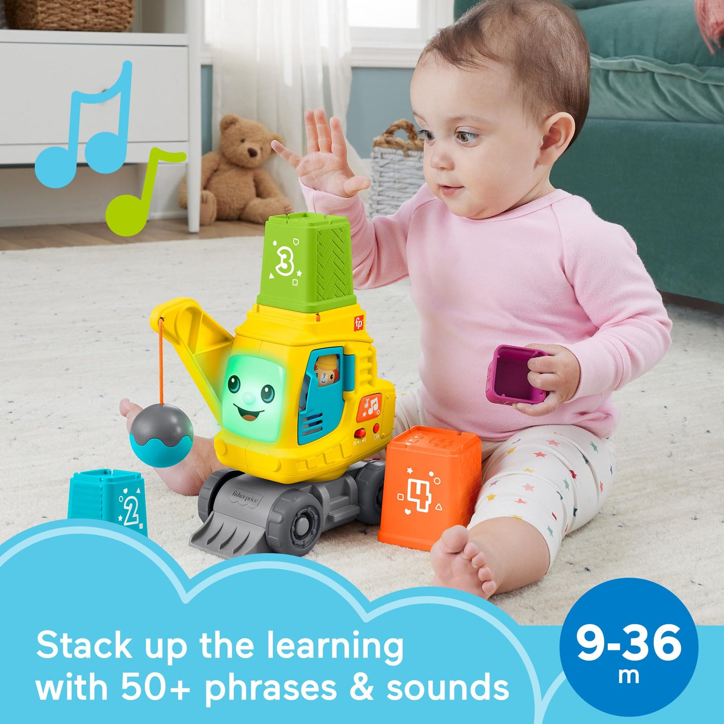 Fisher-Price baby and toddler learning crane toy with colorful blocks, lights, and sounds for infants 9+ months, multilingual version