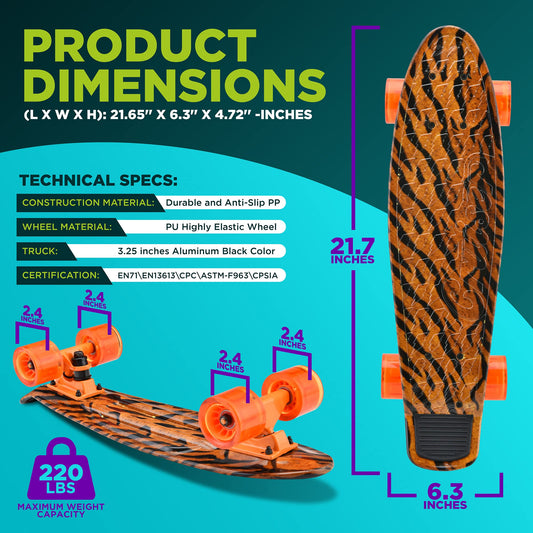Hurtle Standard Skateboard Mini Cruiser - 6'' PP Deck Complete Double Kick Skate Board w/ 3.25" Aluminum Alloy Truck, PU Wheels w/LED Light - for Kids, Teens, Adults (Tiger), One Size, (HCSK10)