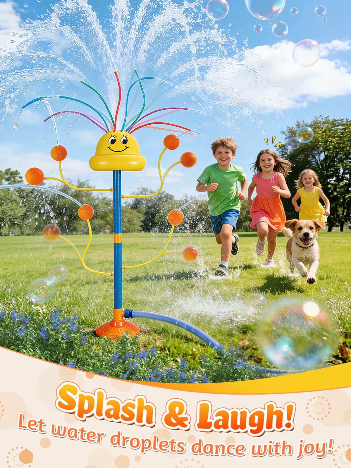 VATOS Water Sprinkler Outdoor Yard Toy for Kids, Smile Face Rainbow Splash Toy with 8 Wiggle Tubes 4 Nozzle, Backyard Lawn Water Sprinkler, Summer Family Games, Fun Water Toys for Kids 3-8 Boy Girl
