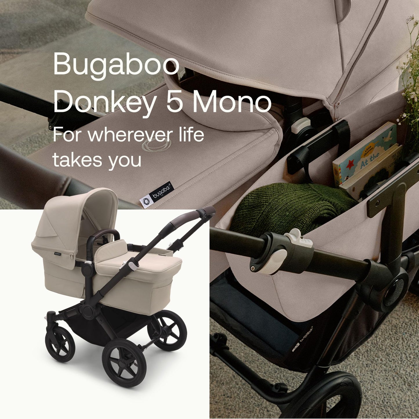 Bugaboo Donkey 5 Mono, Convertible Into Side by Side Double Stroller, Improved Design, Reversible Seat, One Hand Steering and Side Basket, Desert Taupe