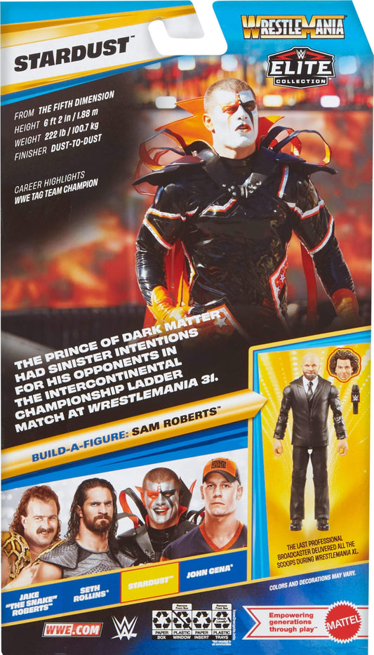 Mattel WWE Elite Collection Action Figure & Accessories, Premium Live Event Stardust Set, WrestleMania with Sam Roberts Build-A-Figure Parts, JHX76