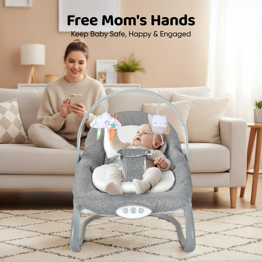 JoyCushy Baby Bouncer, Electric Baby Rocker from Birth Adjustable with Music and Vibration, Suitable for Newborns 0-6 Months Baby Bouncer with 3-Point Harness, Removable Toy Bar with 2 Toys