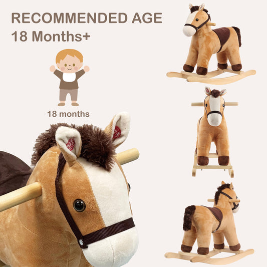 Rock My Baby Rocking Horse, Grey Wooden Horse with Sound Effects,Ride-on Toy,Balance Toy (Light Brown)