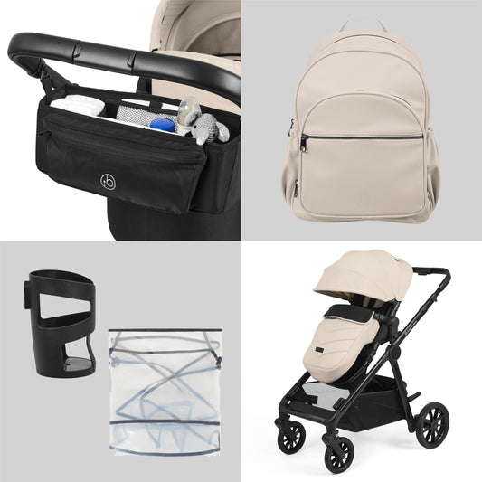 Ickle Bubba Virgo Growing Family 11 Piece Pram – Single to Double Tandem Pushchair with Carrycot, Footmuffs, Rain Covers & Accessories, Suitable from Birth (Stone)