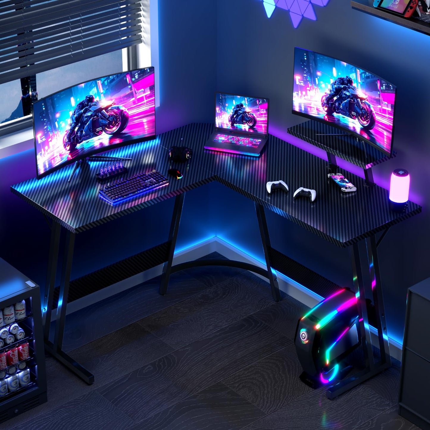 JUMMICO L Shaped Gaming Desk with Large Monitor Stand 120x120x75cm,Corner Desk for Home Office Study Writing Workstation, Carbon Fibre Black