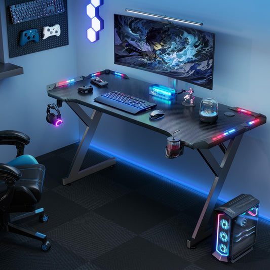 DLONGONE Gaming Desk with LED Lights, Whole Board RGB Gaming Table, Gamer Desk with Cup Holder and Headphone Hook, Computer Desk 100 x 60 cm, Black