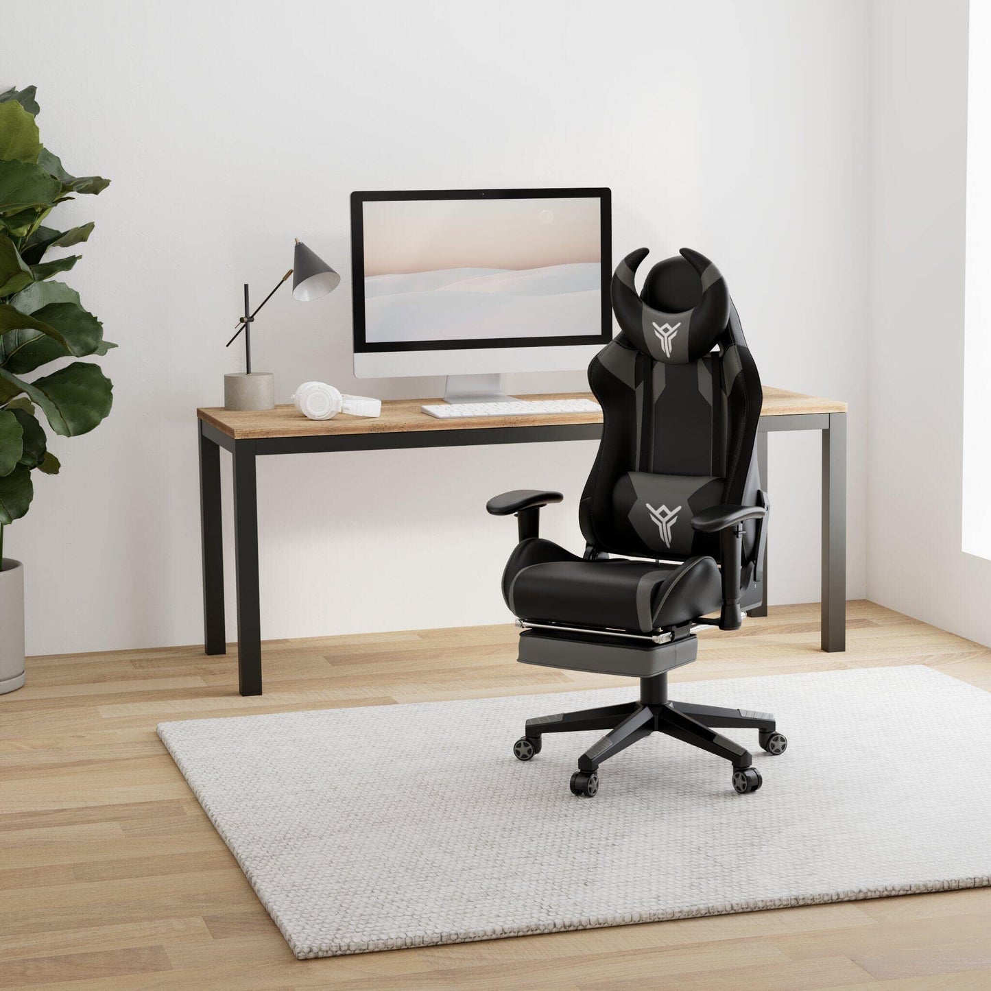 Fullwatt gaming desk chair with high back, white PU leather, adjustable arms, footrest, and reclining swivel for home office use.