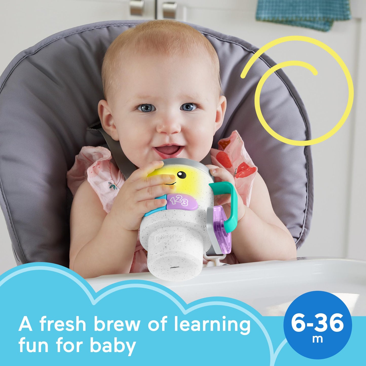 Fisher-Price Laugh & Learn baby and toddler coffee mug with lights and music, multilangue version, suitable for ages 6+ months.