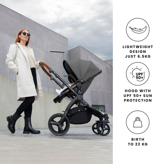 Ickle Bubba Stomp Urban 3-in-1 Travel System & Astral Car Seat – Birth to 22kgs (approx. 4 Years), Lightweight City Pram, Carrycot & Seat Unit, Compact Fold, UPF 50+ Hood & Accessories (Charcoal Grey)