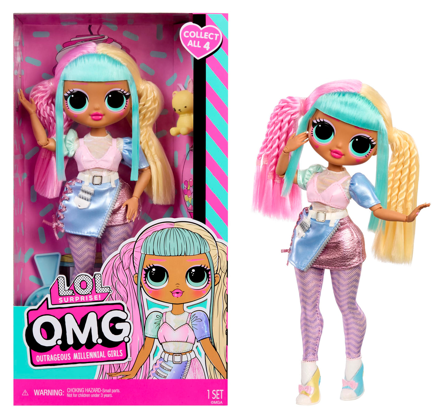 L.O.L. Surprise! OMG Doll Candylicious with vibrant fashion outfits and accessories displayed on a colorful background.