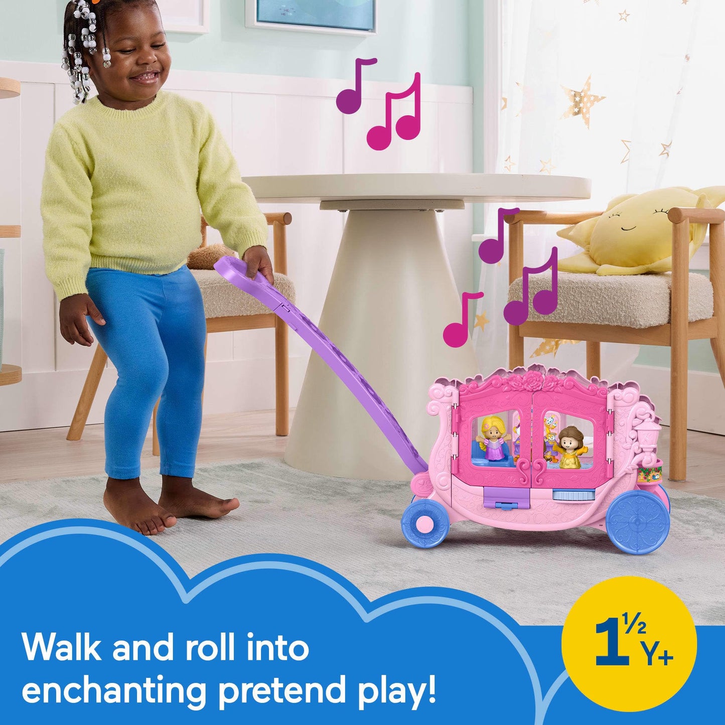 Fisher-Price Little People Toddler Toy Disney Princess Pull-Along Musical Carriage Playset with Figures for Pretend Play Kids Ages 18+ Months, JCW72
