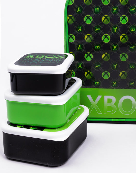 Green Xbox lunch bag for kids with controller logo, BPA-free water bottle, and three snack pots for school lunch and snacks.