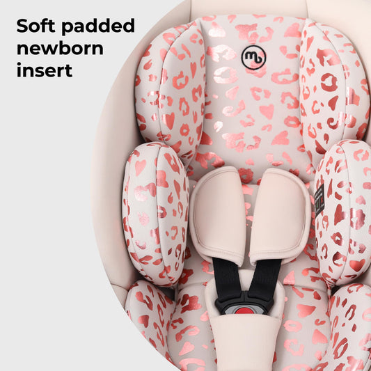 My Babiie MBCS02 i-Size Baby Car Seat - 40-87cm (Birth to 15 Months Approx.), R129, Group 0+, Lightweight Infant Carrier, Large Canopy, Newborn Insert, Adjustable Headrest - Pink Leopard