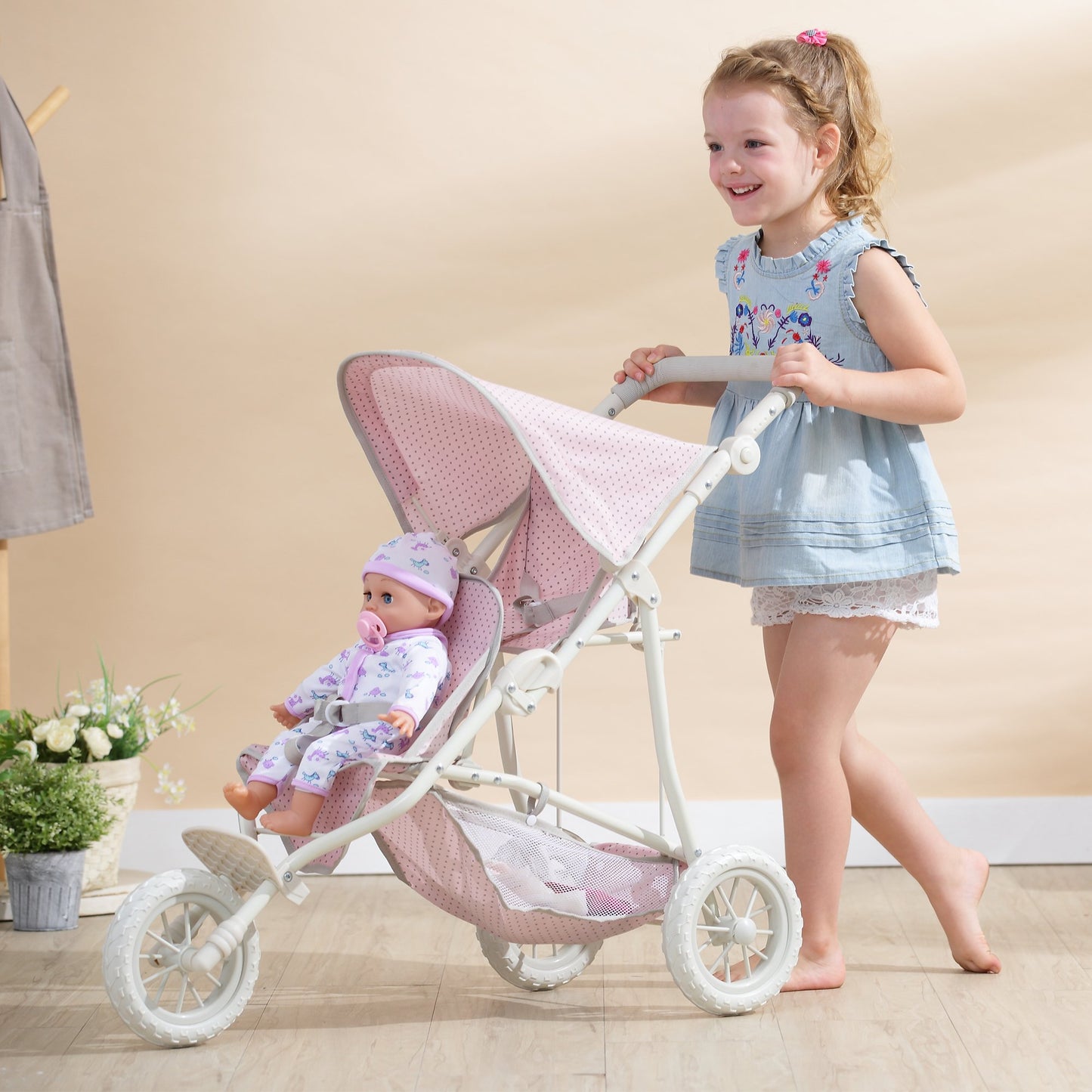 Olivia's Little World Double Jogging-Style Pram for Baby Dolls with Tandem Seating for Dolls and Stuffed Animals with a Retractable Canopy, Storage Basket, All-Terrain Wheels, Cream and Pink with Grey