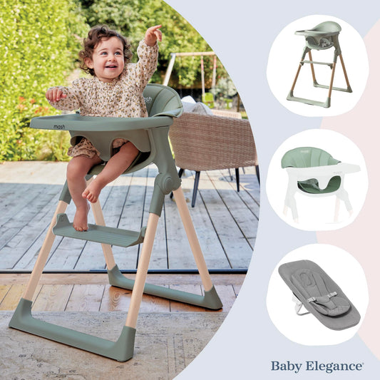 Mash High Chair Bundle by Baby Elegance | Includes Newborn Seat (0-6 Months), Toddler Seat (6+ Months) & Sage Cushion | Adjustable Sage High Chair for Babies & Toddlers