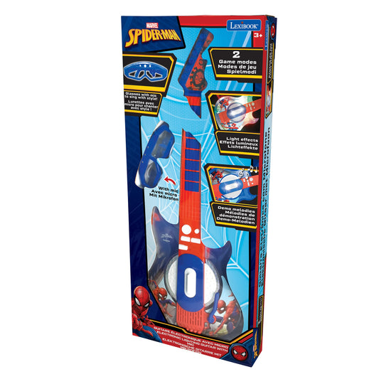 Lexibook Spider-Man light-up electronic guitar with microphone, glasses, and MP3 input in blue and red for kids' musical play.