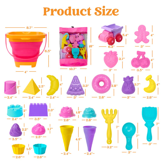 Sloosh Beach Sand Toys Set 24Pcs - Pink Dump Truck Car Toy with Sand Molds, Collapsible Buckets Mesh Bag Shovels Castle Ice Cream Mold for Ages Kids Toddlers Sandbox Toys Gifts Travel Vacation (Foods)