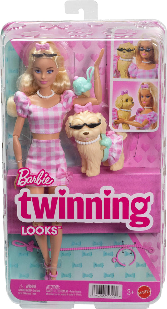 Barbie Twinning Looks Doll in pink gingham outfit with matching pet dog, sunglasses, necklaces, and bows.