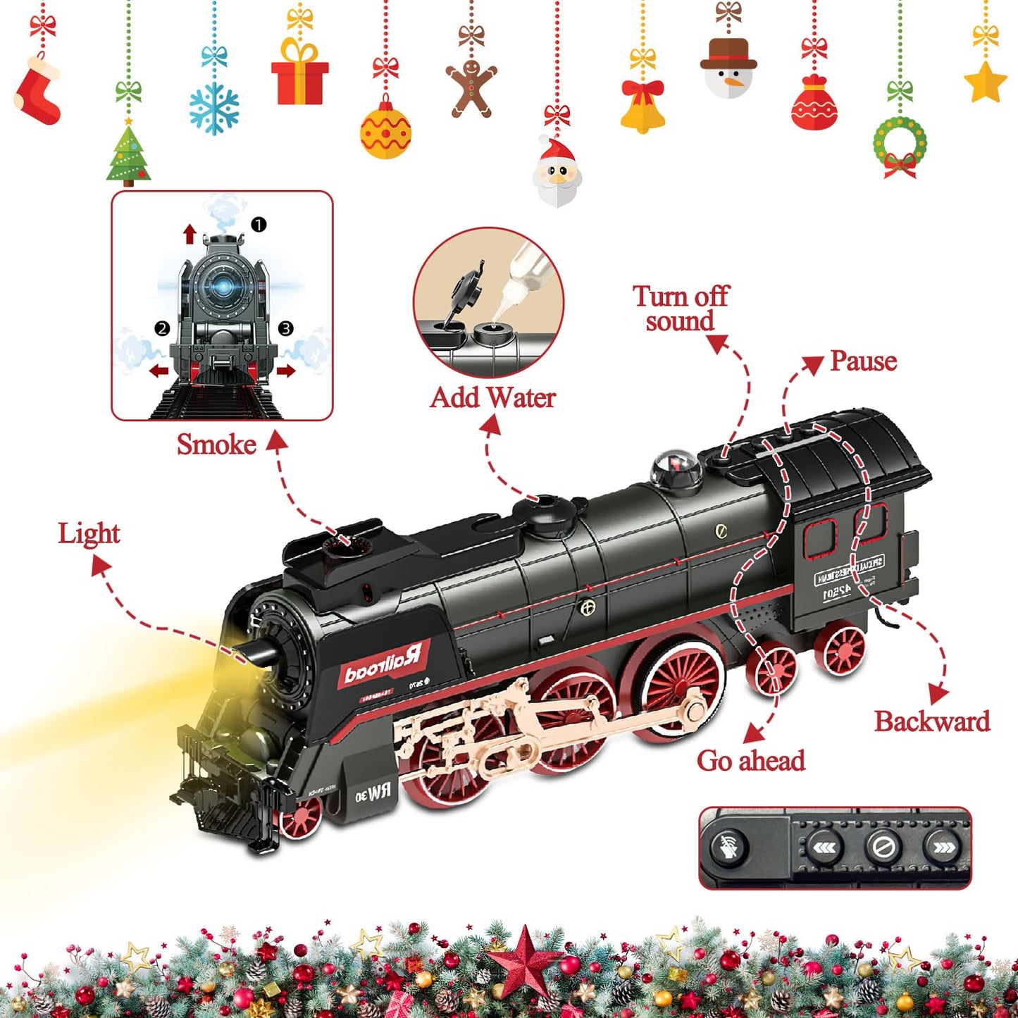 Hitish Train Set for Kids, Electric Train Toys with Realistic Light Sounds Smoke, Christmas Train Model Gifts for Toddlers Boys Girls, Steam Locomotive, Luxury Track & 2 Glowing Passenger Carriages