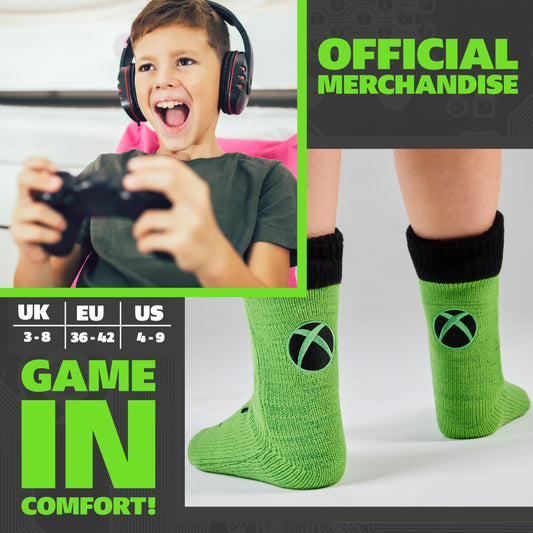 Xbox boys and teen gamer slipper socks with fleece lining, fluffy warmth, non-slip pads, perfect cozy loungewear and gaming gift.