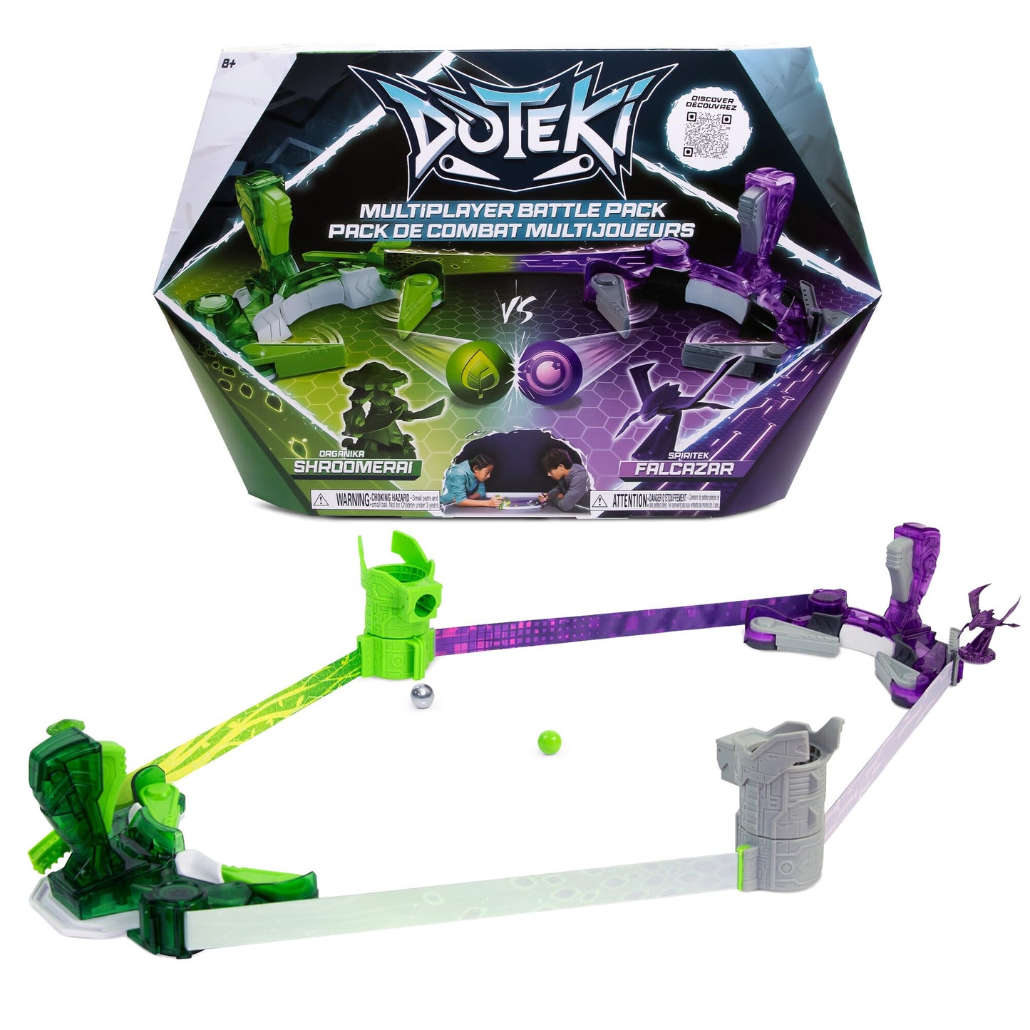 Doteki TOMY Battle Pack with green and blue figures, featuring customizable arena game for 2+ players, ages 8 and up.