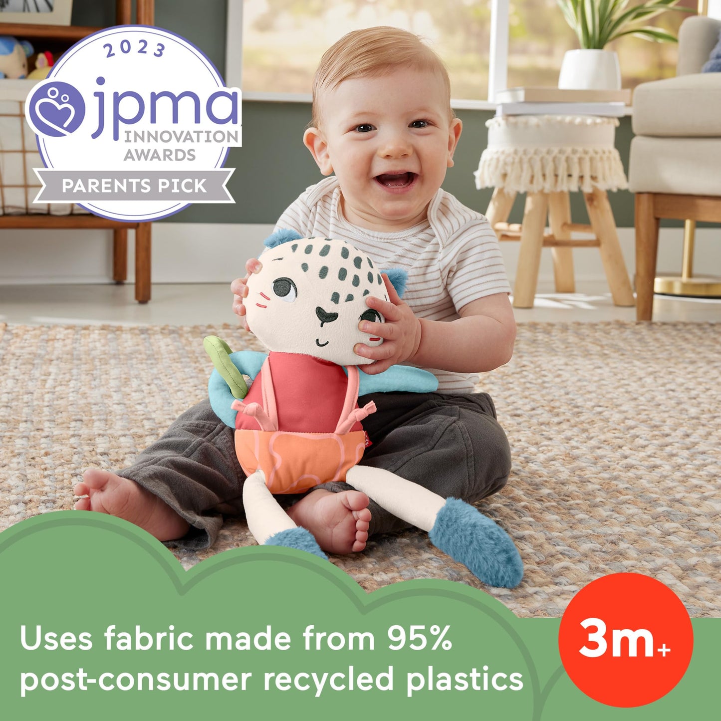 Fisher-Price Baby Sensory Toy Planet Friends Spotting Fun Snow Leopard for Newborns Ages 3+ Months, Made of 95% Recycled Plastic and FSC Certified Packaging, HKD64