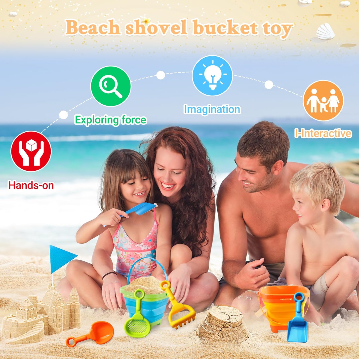 Aonuily Bucket and Spade, Beach Toys Set for Kids Play Sand with Handle Foldable Buckets with Shovels Scoop Rake Sifter Summer Outdoor Activities for Beach Party Gift